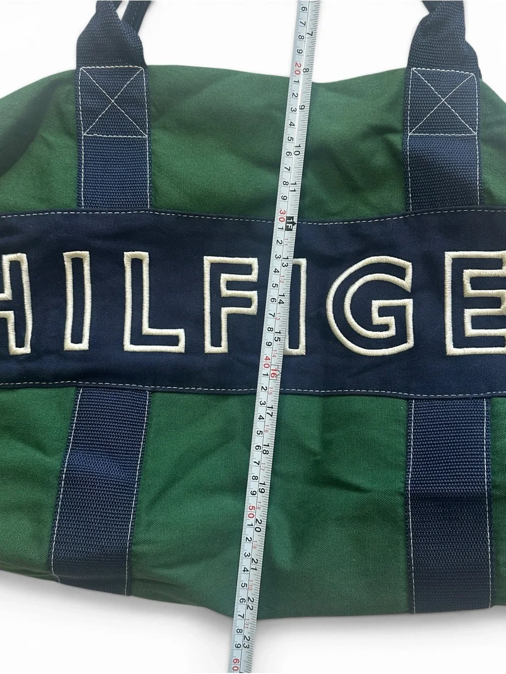 Tommy Hilfiger Green and Navy Canvas Weekend Duffel Y2K
